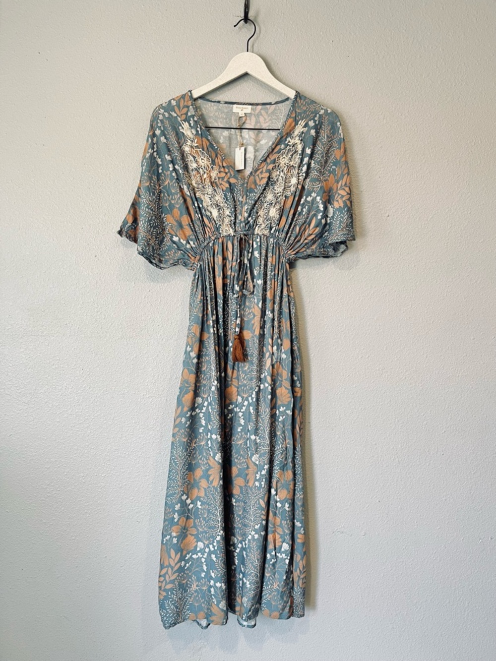 NEW World Market Mira Blue Brown Floral Embroidered Kaftan Maxi dress size XS
